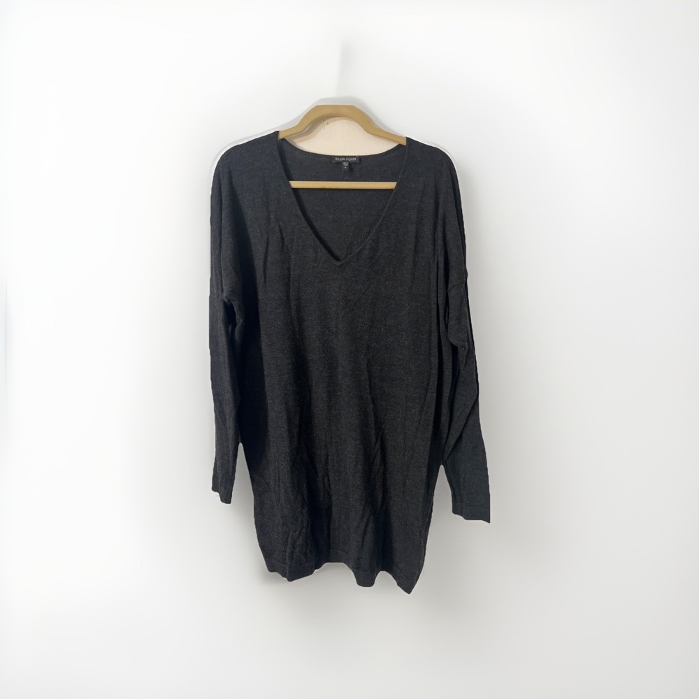 Eileen Fisher XL 100%‎ Merino Wool V neck Dark Gray Tunic Sweater Preppy Luxury
